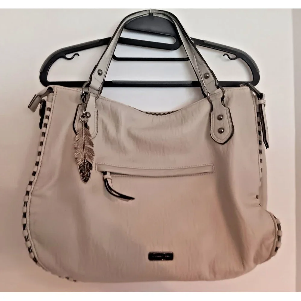 Jessica Simpson Hobo Bag Bone Leopard Print Lining Silver Hardware Crossbody